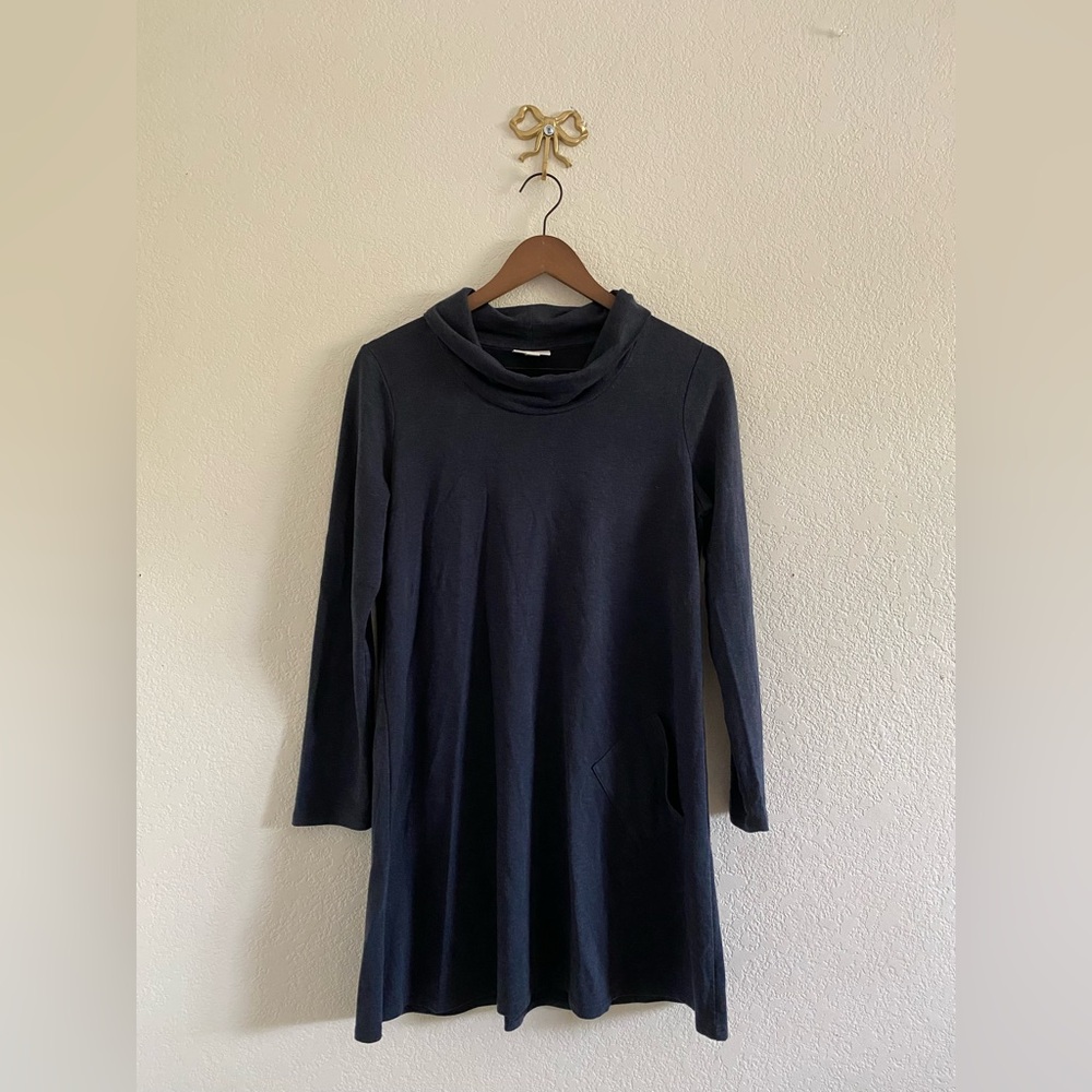 J. JILL Pure Luxe Tencel Knit Cowl Neck Shift Dress Long Sleeve Pockets Blue